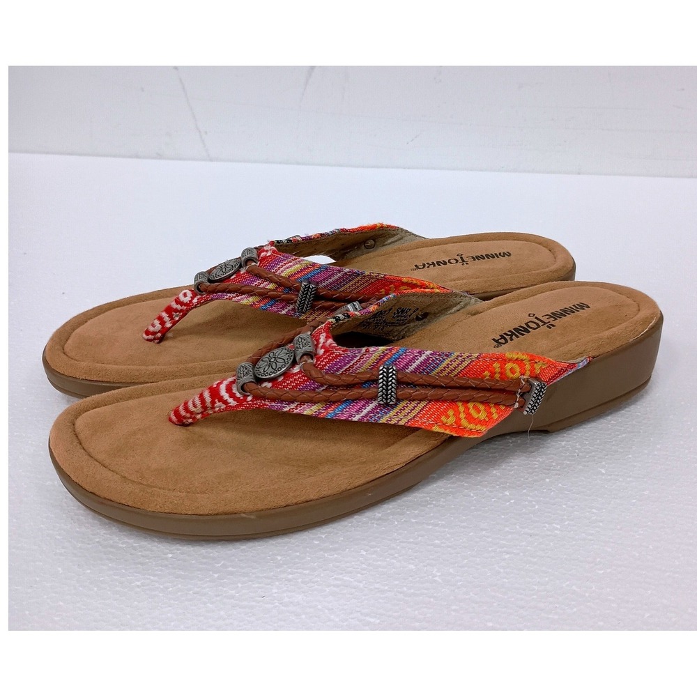Minnetonka Thong Sandals Womens 9 Multicolor Southwestern Boho Beaded Wedge Flip